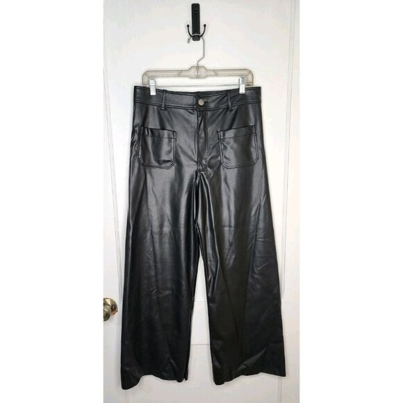 Zara Pants Womens Size 12 Black Faux Leather Wide Leg - Picture 1 of 4